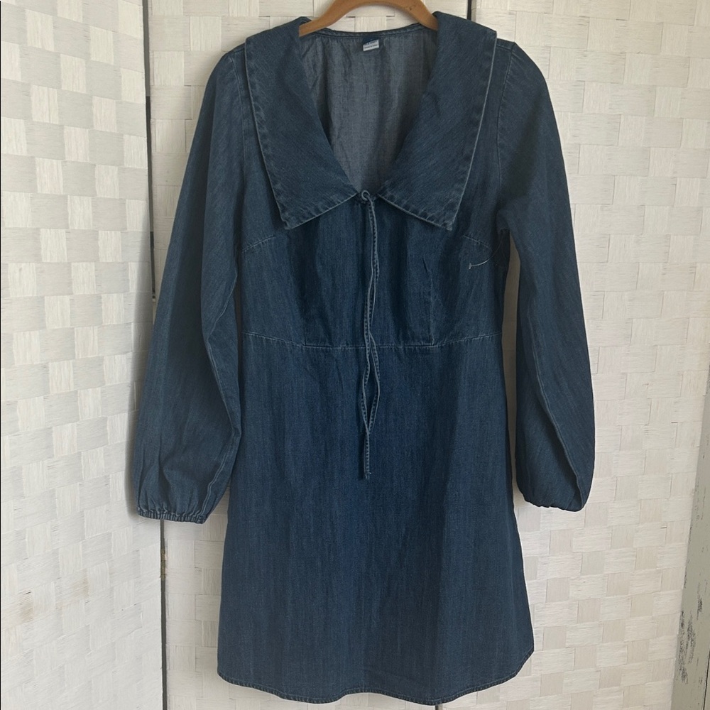 Old Navy Dark Blue Denim Midi Dress with Tie Collar